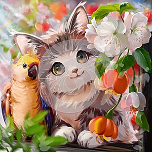 Kitten, parrot, flowers, and spring