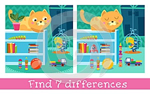 Kitten and parrot in room. Cartoon style characters with background. Find 7 differences. Game for children. Vector full