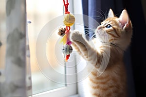 kitten pawing at a dangling toy