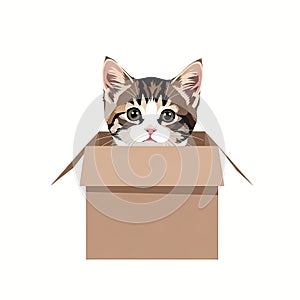 Kitten Peeking from Cardboard Box Flat Vector Art