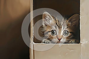 Kitten peeking out of a cardboard box