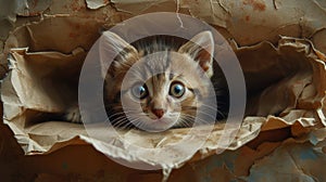 Kitten peeking out from a torn paper hole