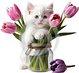 A kitten peeking out from a vintage jar full of tulips. Mother’s Day clipart.