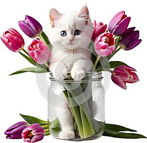 A kitten peeking out from a vintage jar full of tulips. Mother’s Day clipart.