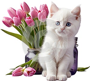 A kitten peeking out from a vintage jar full of tulips. Mother’s Day clipart.