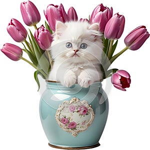 A kitten peeking out from a vintage jar full of tulips. Mother’s Day clipart.