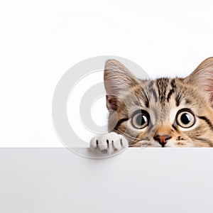 A kitten peeking over a blank white sign placard with its paws up