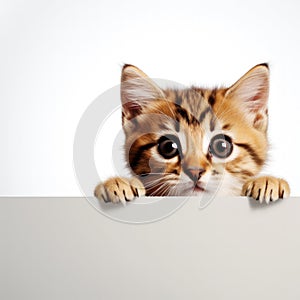 A kitten peeking over a blank white sign placard with its paws up