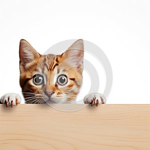 A kitten peeking over a blank white sign placard with its paws up