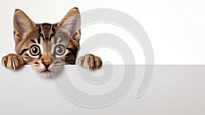 A kitten peeking over a blank white sign placard with its paws up