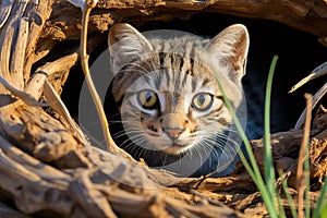 a kitten peeks out from a hole in a tree