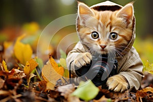 kitten photographer in jacket holding camera outdoors