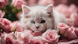 kitten with pink flower A tiny kitten with a coat as soft as silk, snoozing soundly amidst a bed of lush pink roses,