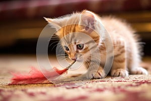 kitten playfully biting feather toy on carpet