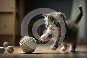 kitten playfully chasing ball of thread, pouncing and rolling on the floor