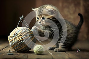 kitten playing with ball of thread, balls unraveling one by one