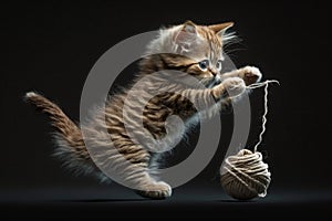 kitten playing with ball of thread, jumping and pouncing on the string