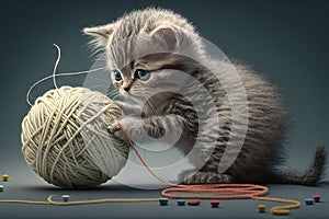 kitten playing with ball of thread, rolling and tangling it