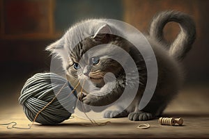 kitten playing with ball of thread, trying to catch it in its paws