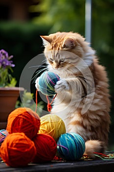 Kitten playing with ball of yarn