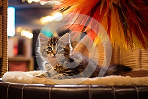 Kitten playing with a feather toy while sitting inside a cozy cat bed in the store's designated cat area. Generative