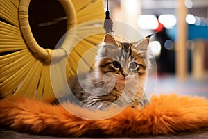 Kitten playing with a feather toy while sitting inside a cozy cat bed in the store's designated cat area. Generative