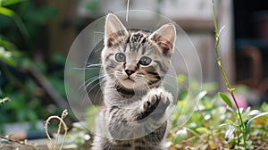 a kitten playing with a string toy on the floor, A kitten pawing at a string