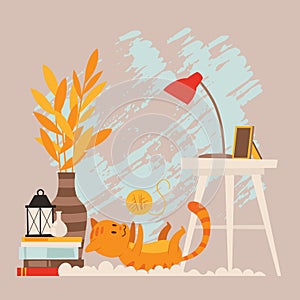 Kitten playing with thread ball, vector illustration. Cute cat having fun in modern room, flat style cartoon scene