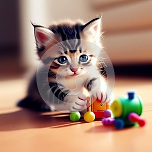 Kitten playing with toys,generated illustration with ai