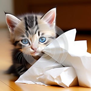 Kitten playing with white paper,generated illustration with ai