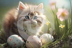 Kitten Posing with Easter Eggs, Adorable Baby Cate Springtime Portrait, Flowers in a Field, Cute Baby Animal