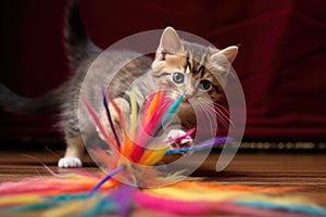 kitten pouncing on colorful feather toy
