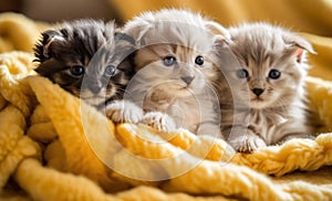 Kitten puppies nestled in a colorful fluffy blanket