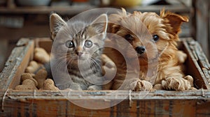 Kitten and puppy in a box on a white background
