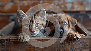 Kitten and puppy in a box on a white background