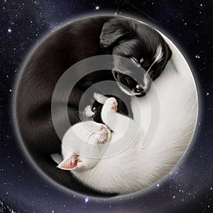 Kitten and puppy curled up in Yin and Yang symbol