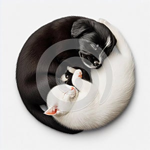 Kitten and puppy curled up in Yin and Yang symbol