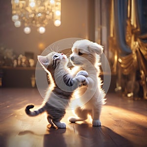 kitten and puppy dancing together