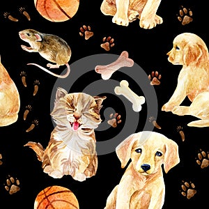 Kitten, puppy and mouse seamless pattern