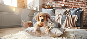 Kitten and puppy sitting together on sofa in light room on sofa, looking