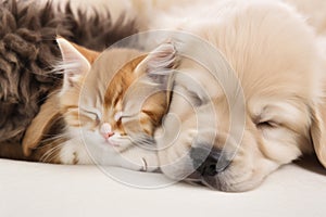 Kitten and puppy sleeping together. Animal care. Love and friendship. Domestic animals. Generative AI