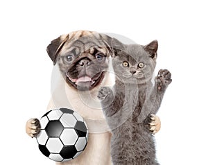 Kitten and puppy with soccer ball togetherl. Isolated on white background