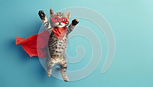 A kitten in a red mask and cloak jumps and soars on a blue background. Supercat