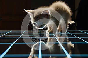 kitten reflected on a shiny surface with ethereal blue grid lines