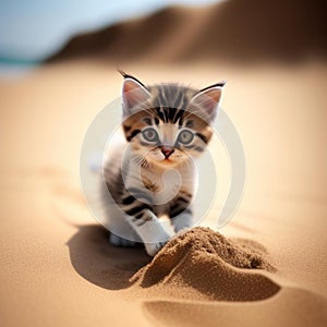 kitten with sand,generated illustration with ai,cat outdoor activities