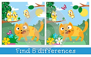 Kitten saw butterfly in yard. Character in cartoon style on summer background. Find 5 differences. Game for children