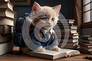 kitten schoolboy with backpack and textbooks