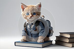 kitten schoolboy with backpack and textbooks