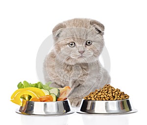 Kitten sitting with a bowls of dry cat food and vegetables. isolated