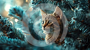 A kitten is sitting in a christmas tree with blue lights, AI